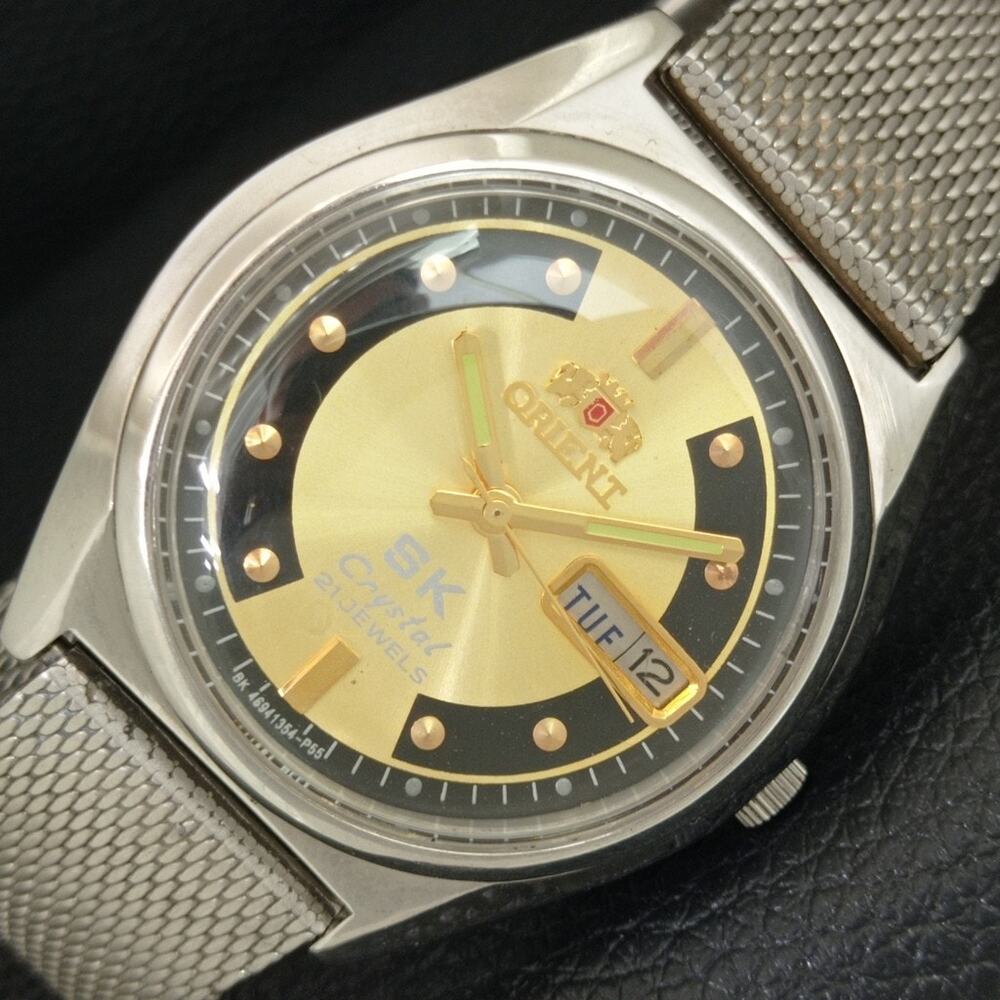 Vintage 1970 Orient Automatic Mens Silver Watch W/daydate & Gold accents